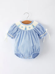 Baby Girls Romper – Blue Striped Smocked Outfit with Short Sleeves