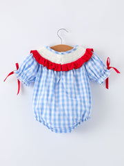 Baby Girls Summer Strawberry Bow Embroidered Smocked Romper