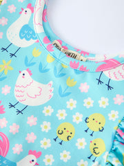 Aqua Spring Chicken Floral Farm Print Girls Dress