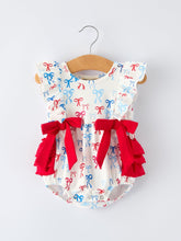 4th of july Bow Print Baby Girl Romper With Ruffle Details
