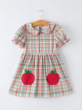 Back to School Plaid Girls Dress Apple Applique Peter Pan Collar