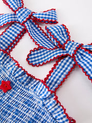 4th of July Plaid Girls Set Flag Star Bow Top Shorts Outfit