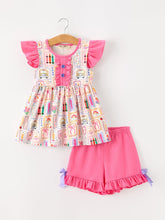 Back To School Crayon Bow Girls Flutter Sleeve Shorts Set