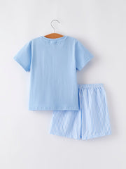 "I ❤ MOMMY" Embroidery Smocking Baby Boys Striped Shorts Set