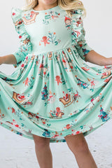 Believe in Your Elf 3/4 Sleeve Ruffle Twirl Dress
