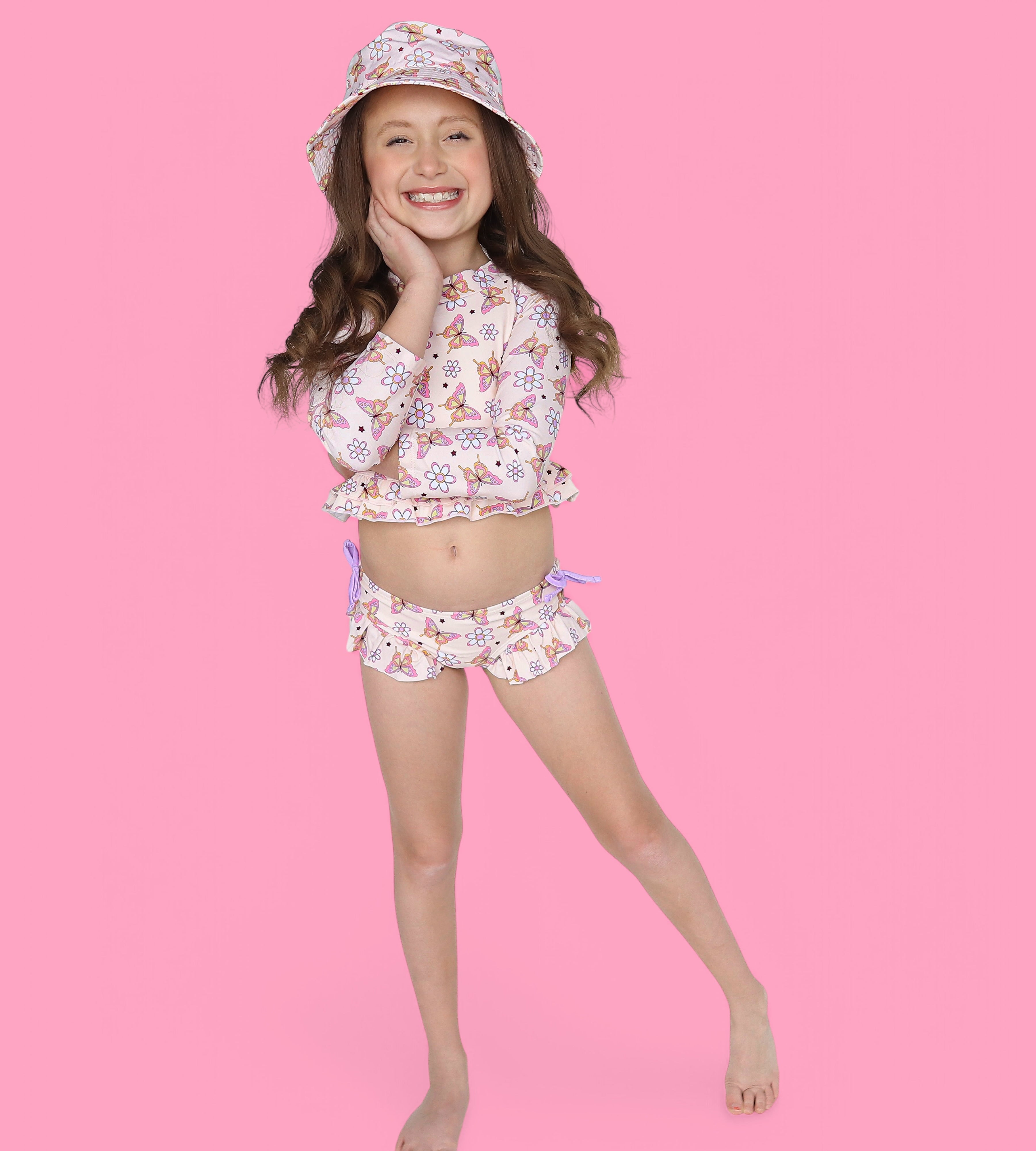 BLOSSOMIN' BUTTERFLY DREAM 2-PIECE RASH GUARD RUFFLE SWIM SUIT