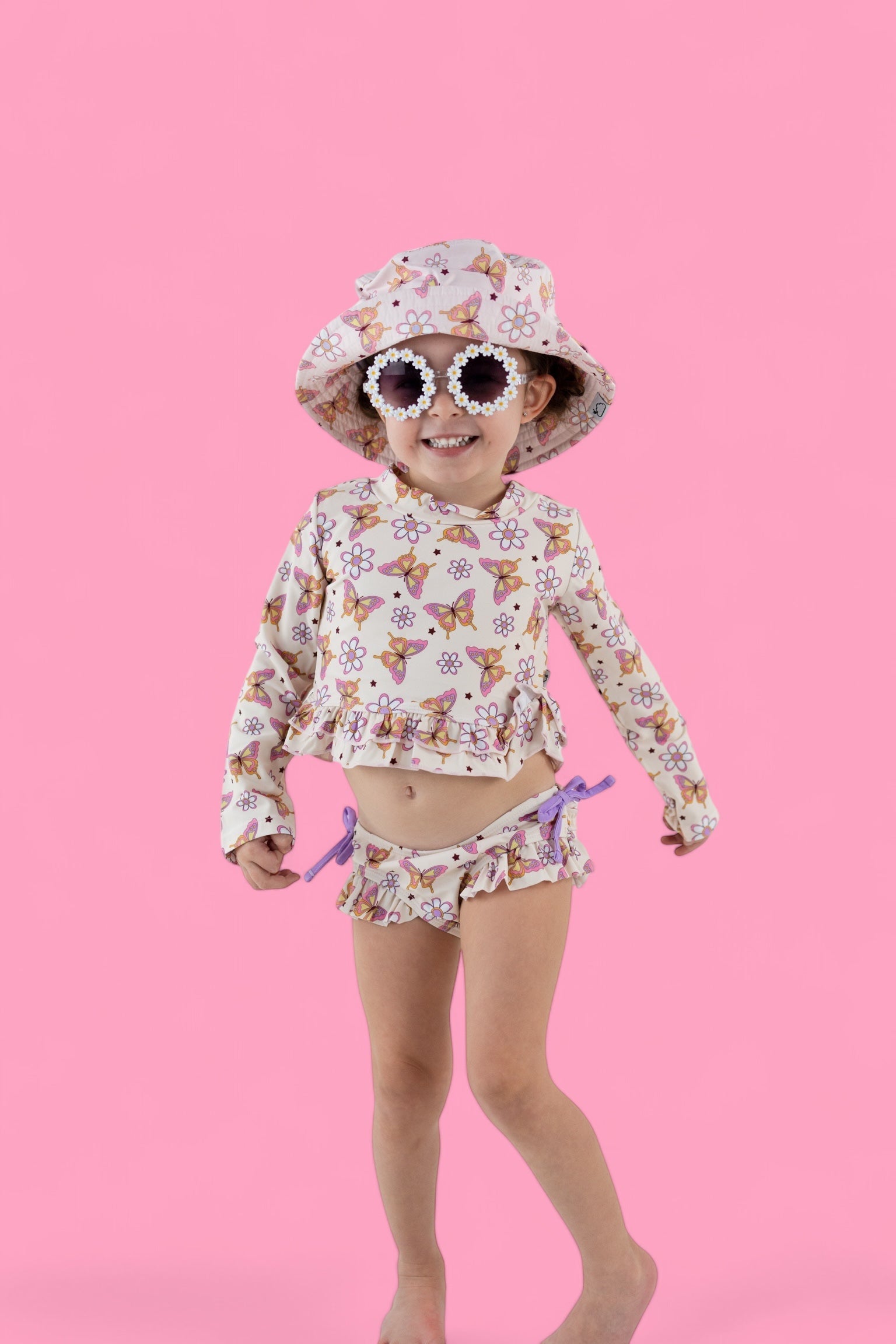 BLOSSOMIN' BUTTERFLY DREAM 2-PIECE RASH GUARD RUFFLE SWIM SUIT