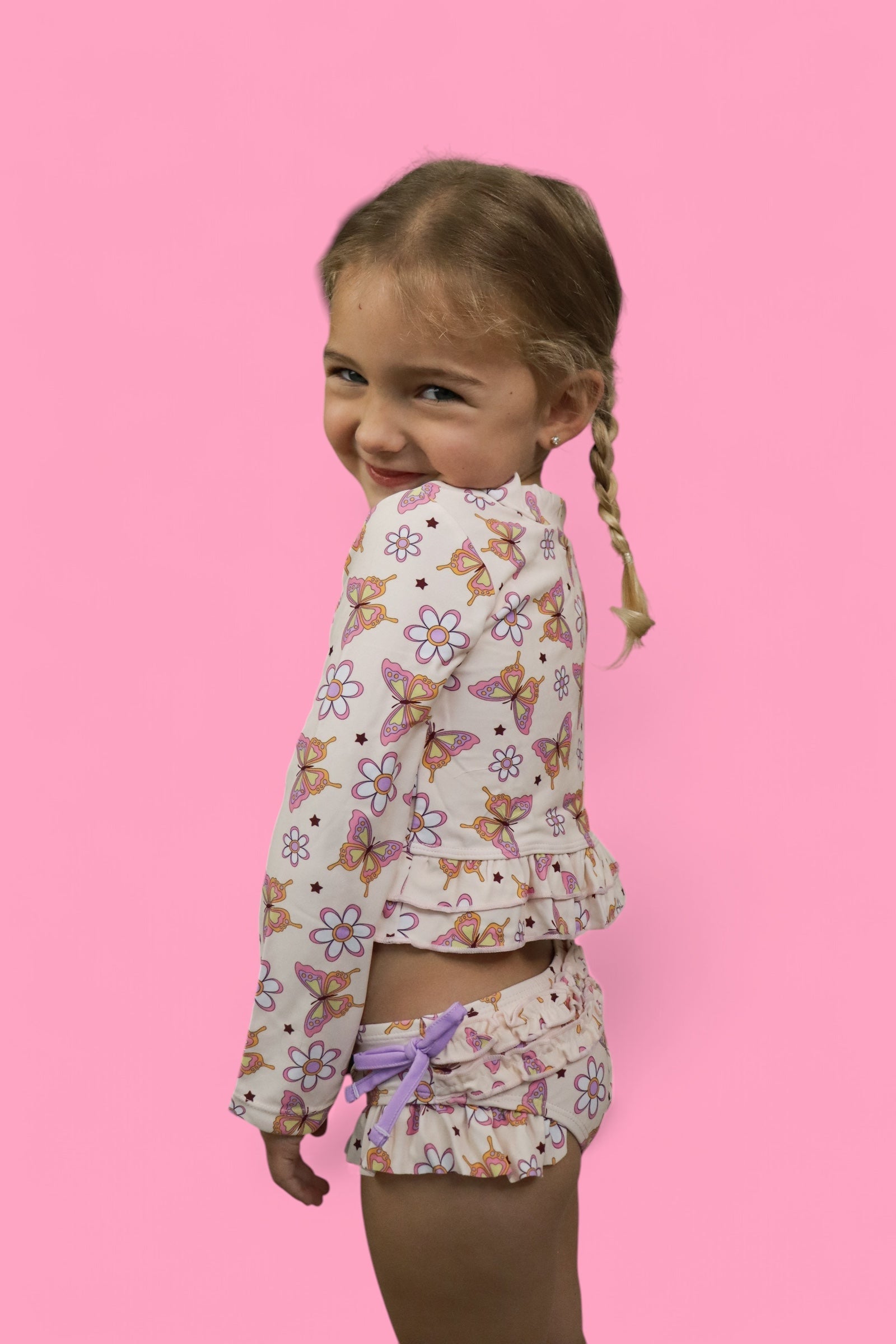 BLOSSOMIN' BUTTERFLY DREAM 2-PIECE RASH GUARD RUFFLE SWIM SUIT