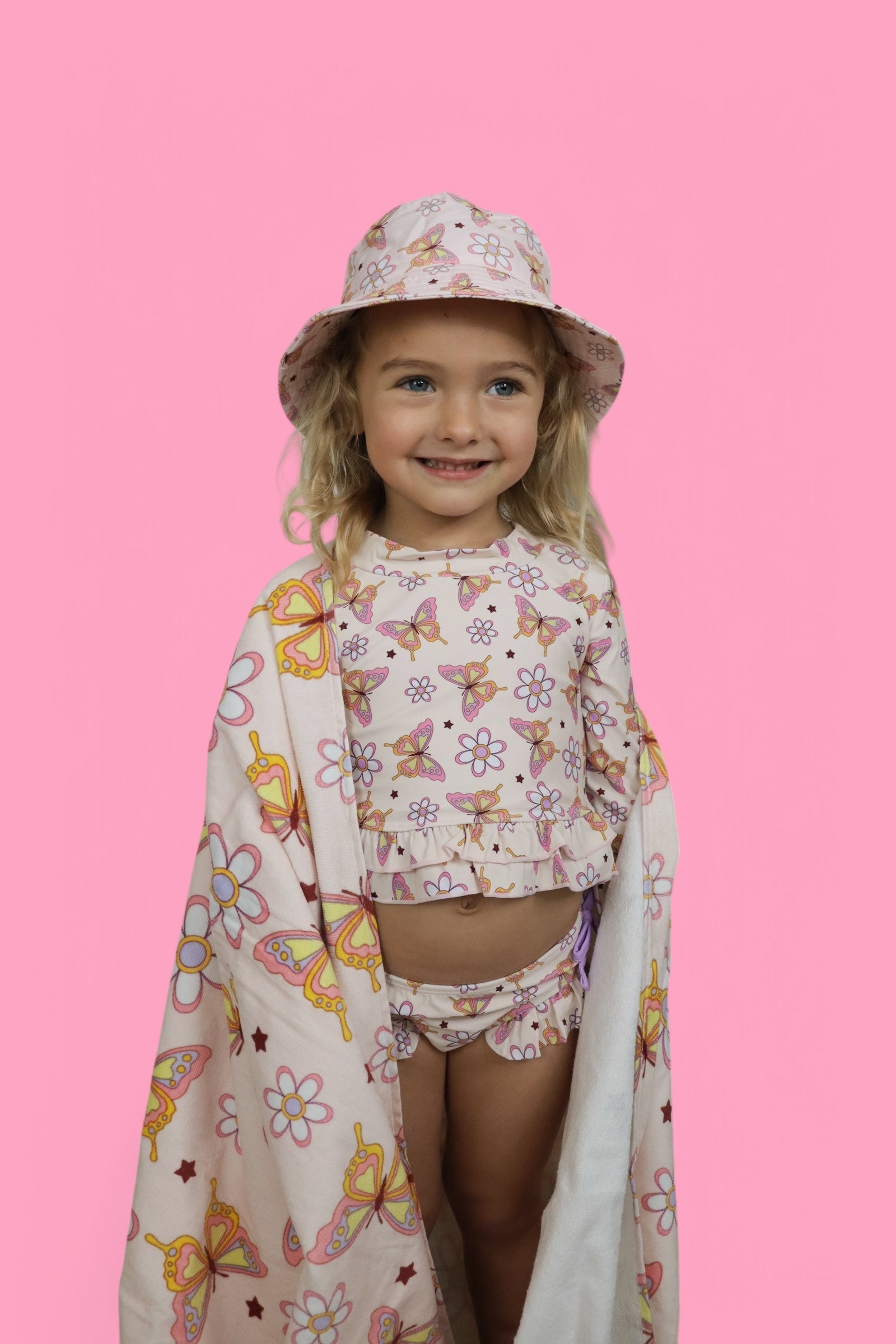 BLOSSOMIN' BUTTERFLY DREAM 2-PIECE RASH GUARD RUFFLE SWIM SUIT