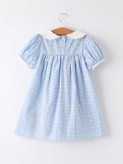 Blue Rabbit Embroidery Plaid Baby Collar Dress