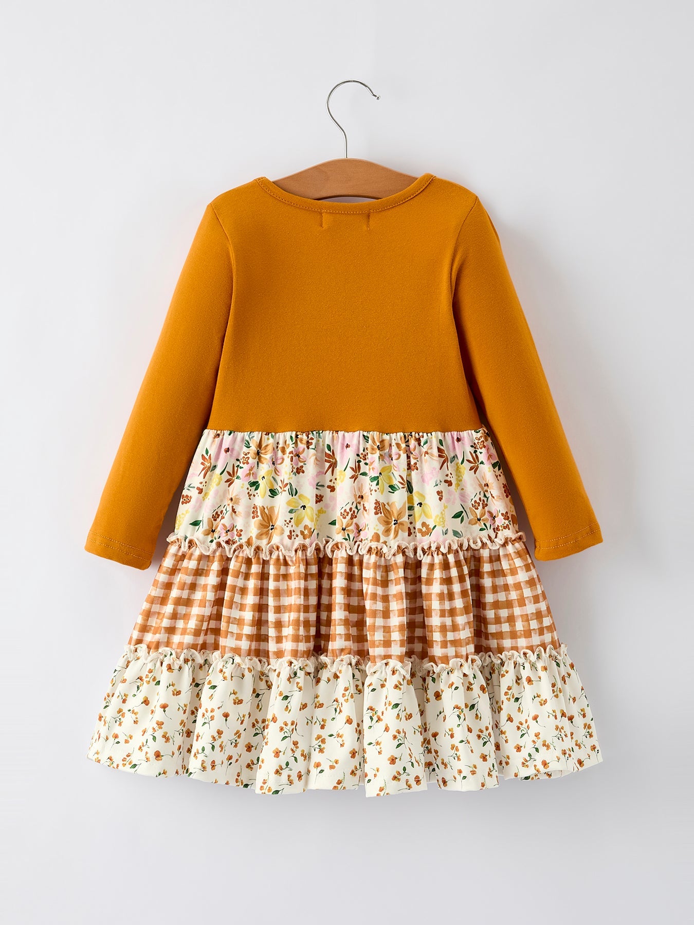 Autumn Patchwork Floral & Plaid Long Sleeve Girls Dress