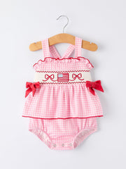 4th of July Plaid Girls Romper Bow Ruffle
