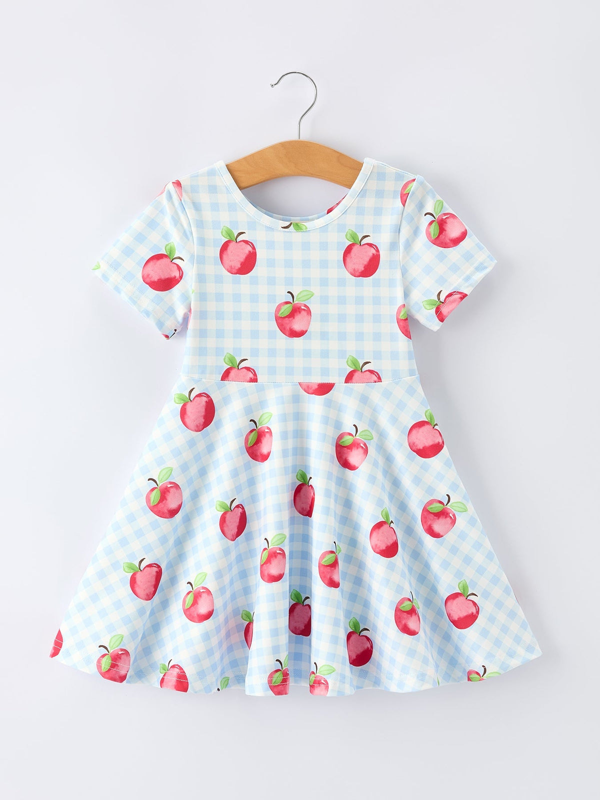 Back to School Apple Plaid Girls Dress Short Sleeve