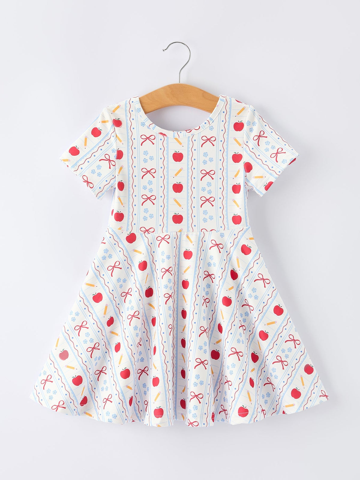 Back to School Apple Bow Stripe Girls Dress
