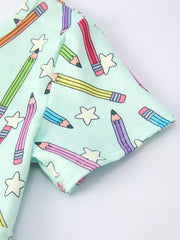 Back to School Pencil Print Girls Dress Short Sleeve