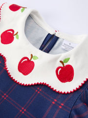 Back To School Apple Plaid Girls Dress Scallop Hem Bow