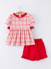 Back To School School Bus Embroidery Plaid Girls Set Ruffle Bow