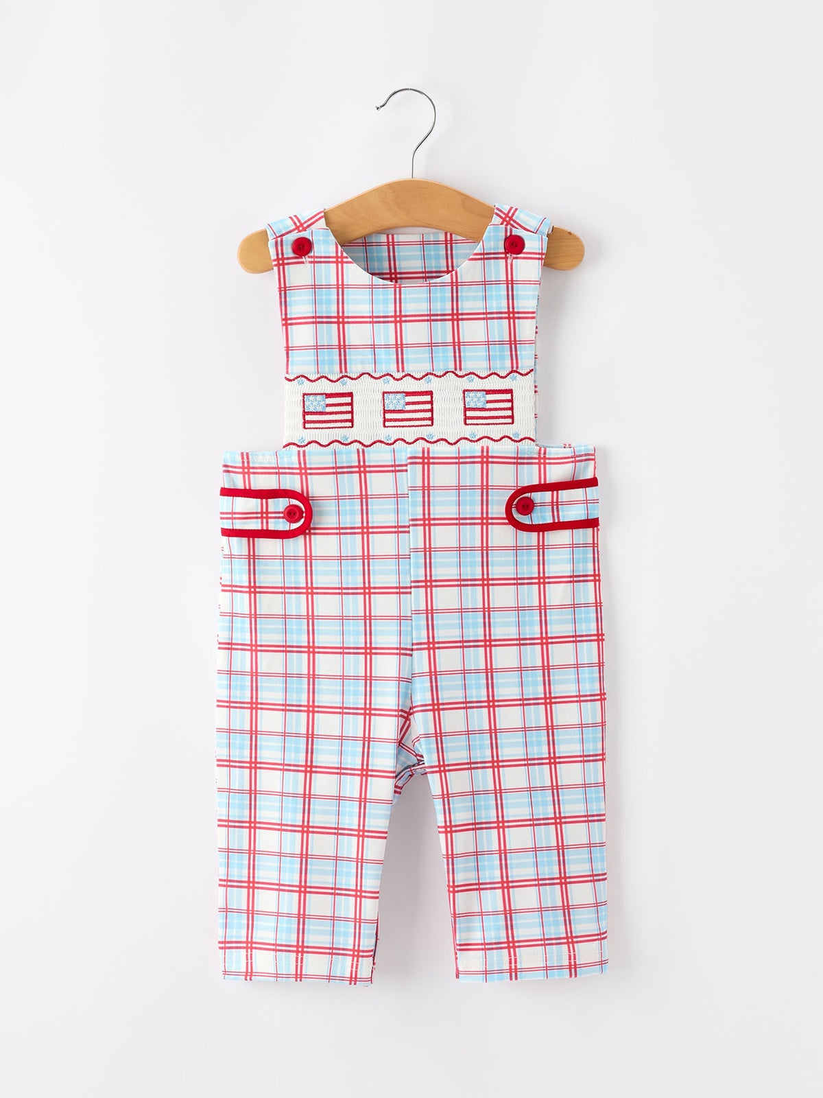 4th of July Plaid Boys Romper Smocked Flag Button Strap