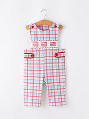 4th of July Plaid Boys Romper Smocked Flag Button Strap