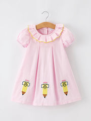 Back to School Pink Pencil Applique Ruffle Collar Girls Dress