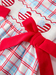 4th of July Plaid Bow Girls Set Smocked Puff Sleeve Top Bloomer
