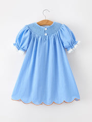 Blue Fall Thanksgiving&Halloween Pumpkin Smock Embroidery Lace Baby Girl Dress