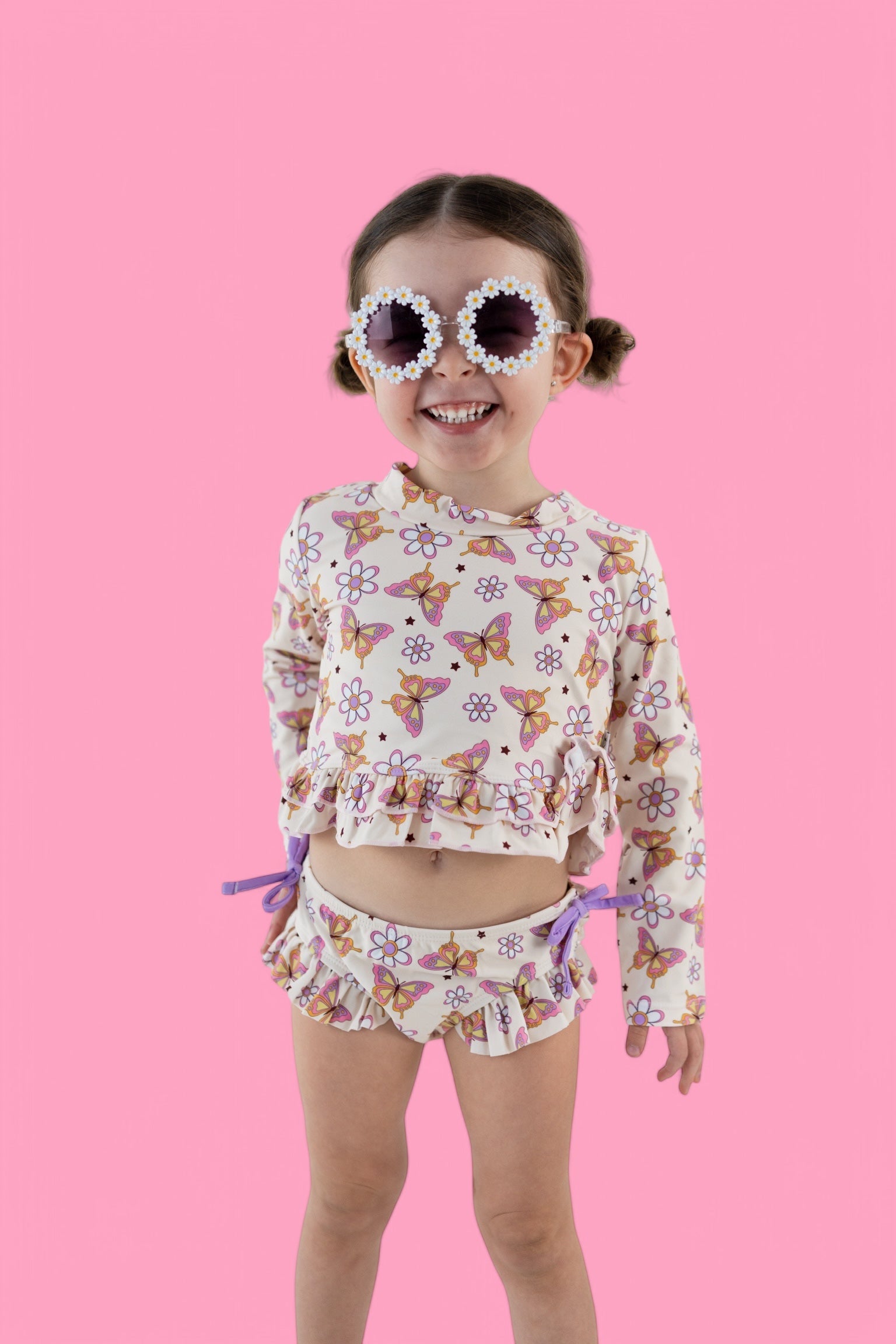 BLOSSOMIN' BUTTERFLY DREAM 2-PIECE RASH GUARD RUFFLE SWIM SUIT