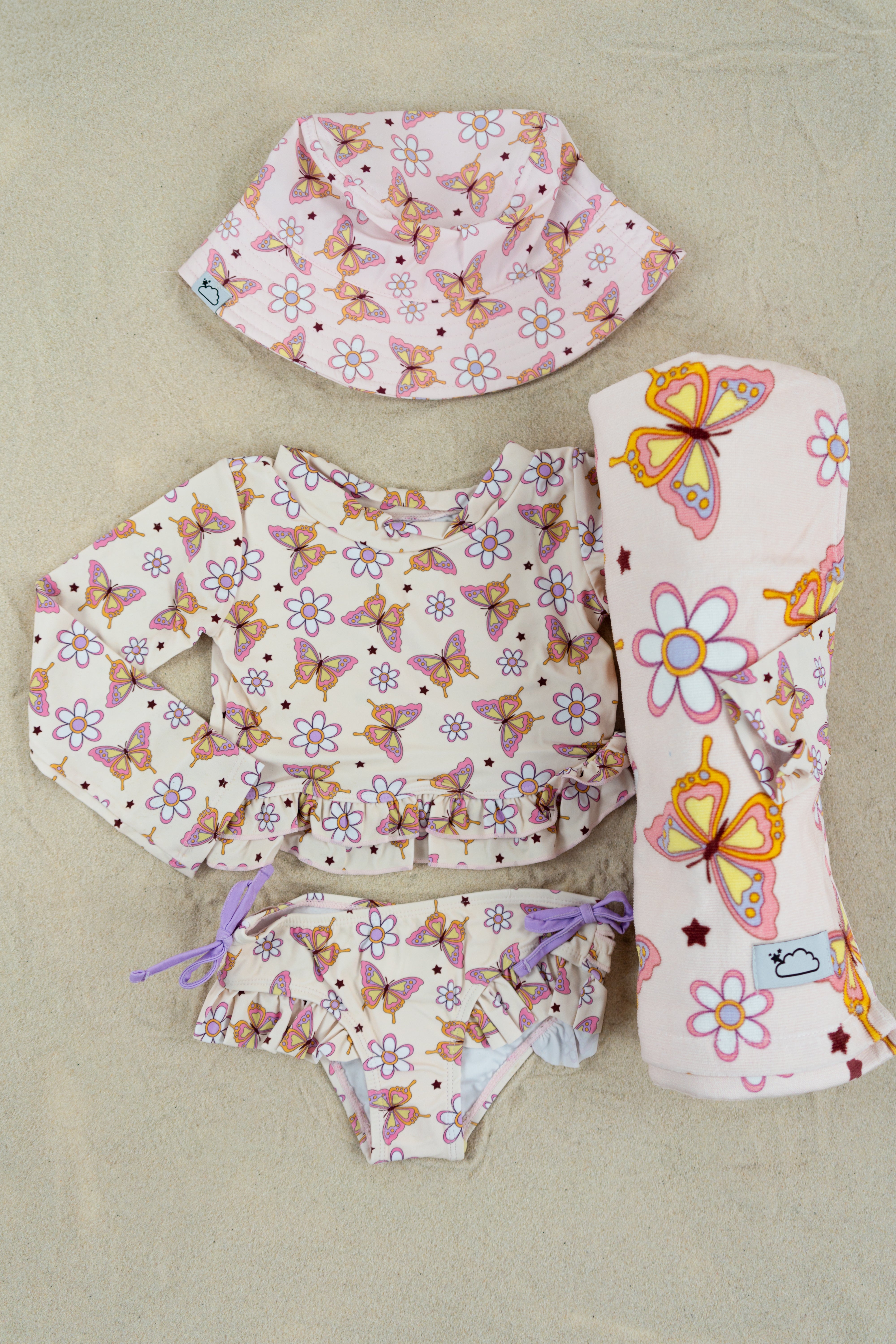 BLOSSOMIN' BUTTERFLY DREAM 2-PIECE RASH GUARD RUFFLE SWIM SUIT
