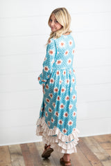 3 Ruffle Teal Floral Dress