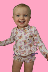 BLOSSOMIN' BUTTERFLY DREAM 2-PIECE RASH GUARD RUFFLE SWIM SUIT