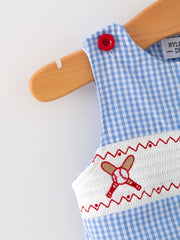Baby Boy Baseball Smocked Romper – Blue Plaid Summer Outfit