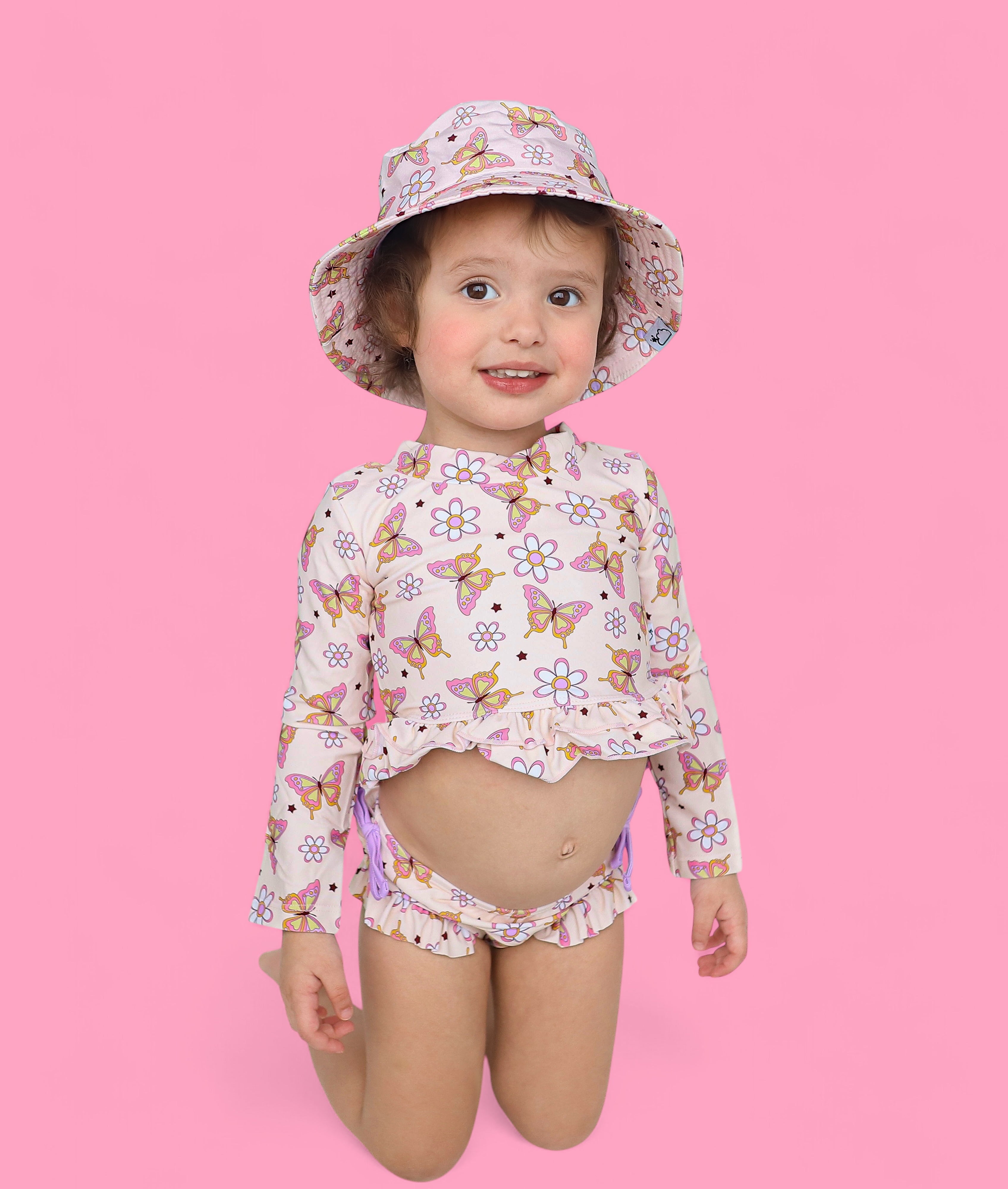 BLOSSOMIN' BUTTERFLY DREAM 2-PIECE RASH GUARD RUFFLE SWIM SUIT