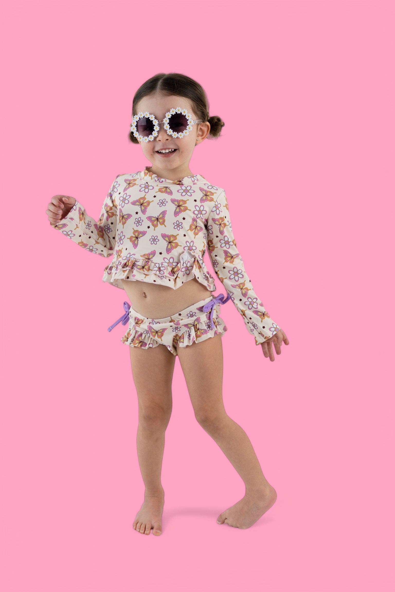 BLOSSOMIN' BUTTERFLY DREAM 2-PIECE RASH GUARD RUFFLE SWIM SUIT