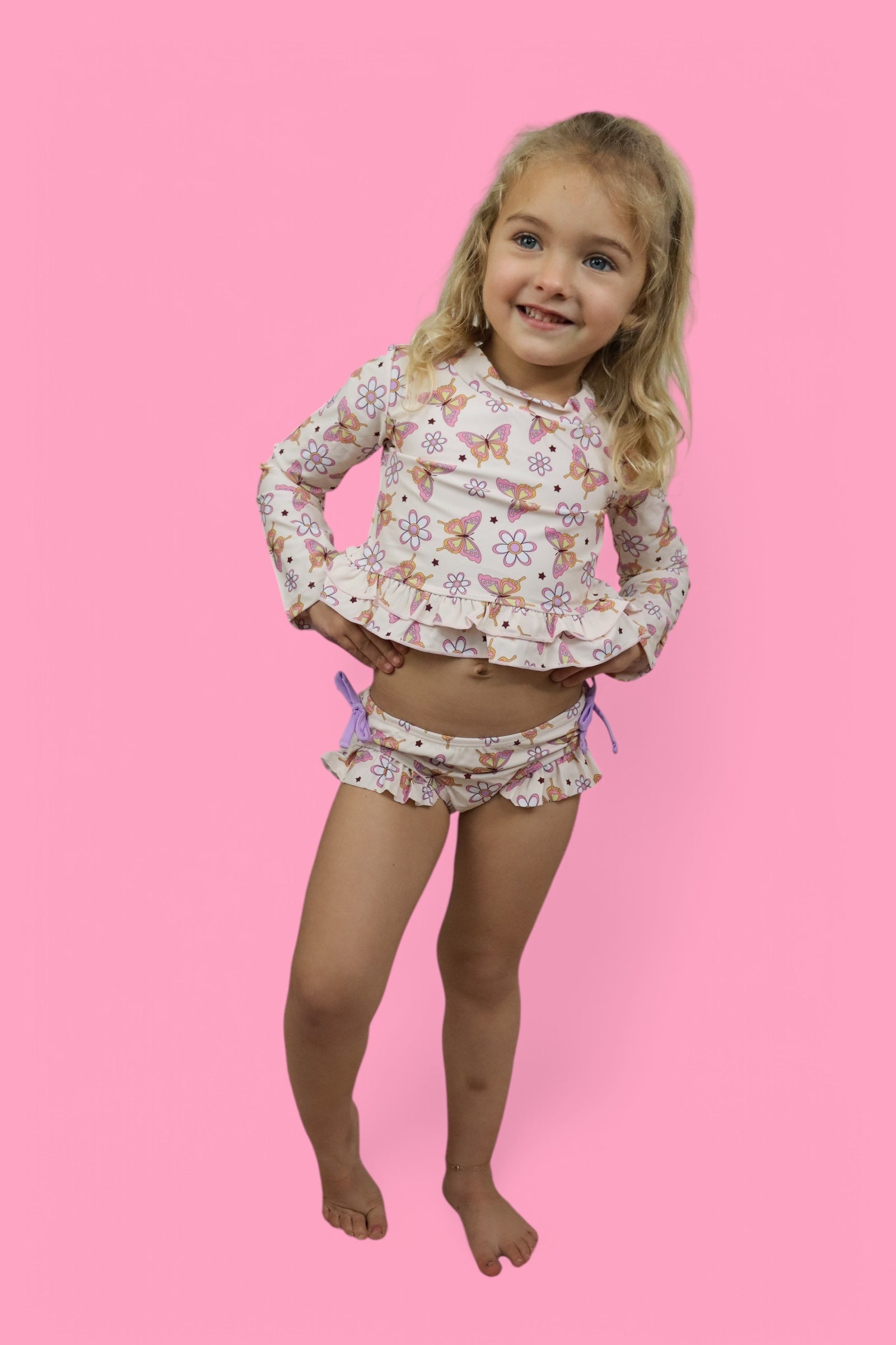 BLOSSOMIN' BUTTERFLY DREAM 2-PIECE RASH GUARD RUFFLE SWIM SUIT
