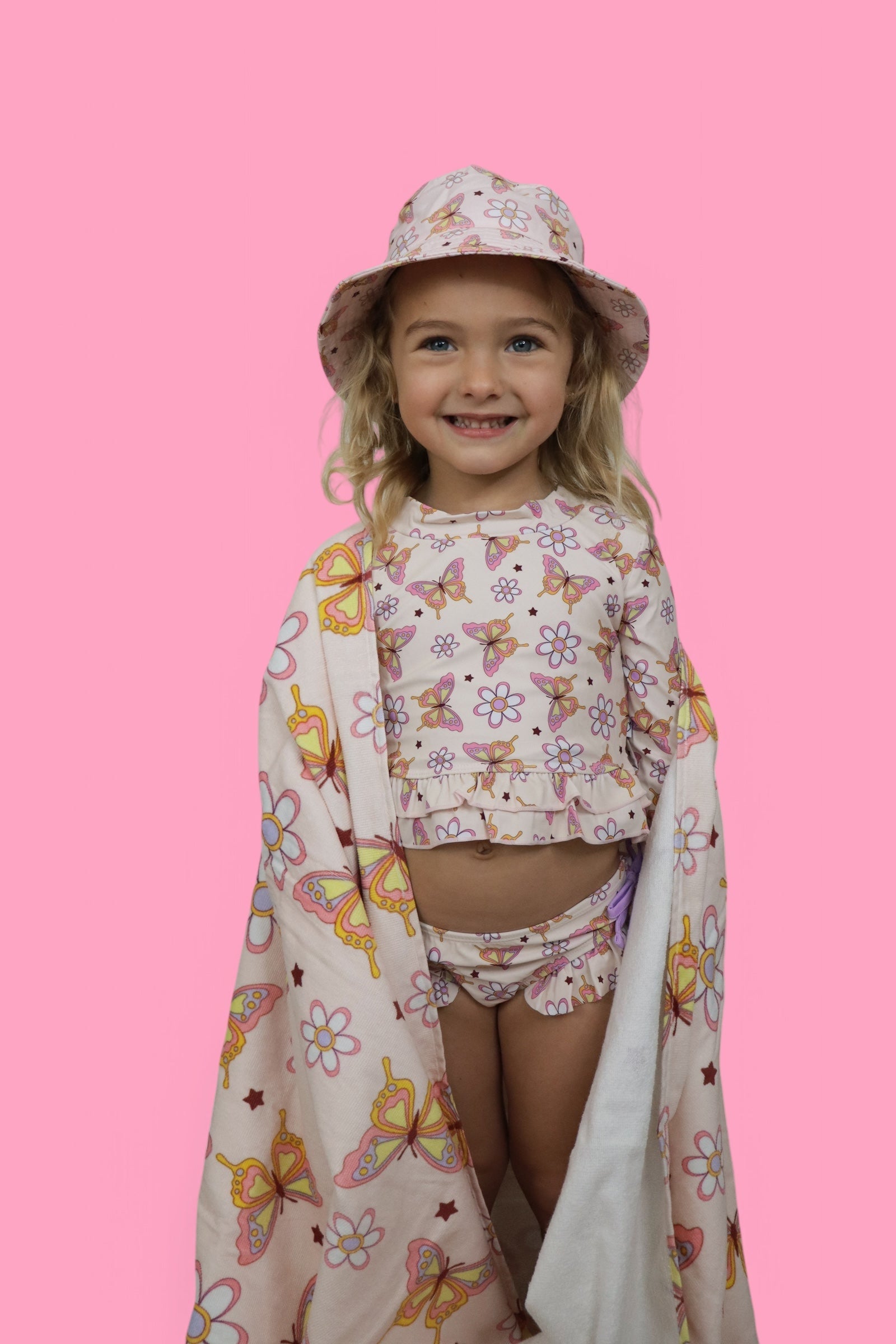 BLOSSOMIN' BUTTERFLY DREAM 2-PIECE RASH GUARD RUFFLE SWIM SUIT