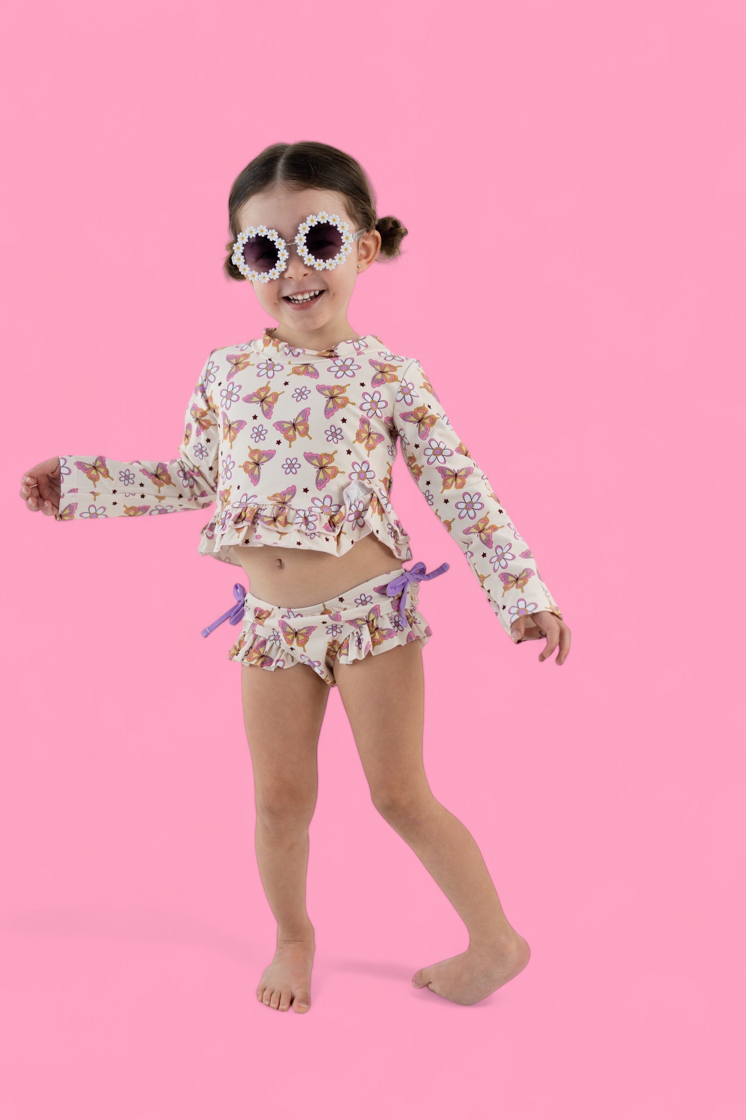 BLOSSOMIN' BUTTERFLY DREAM 2-PIECE RASH GUARD RUFFLE SWIM SUIT