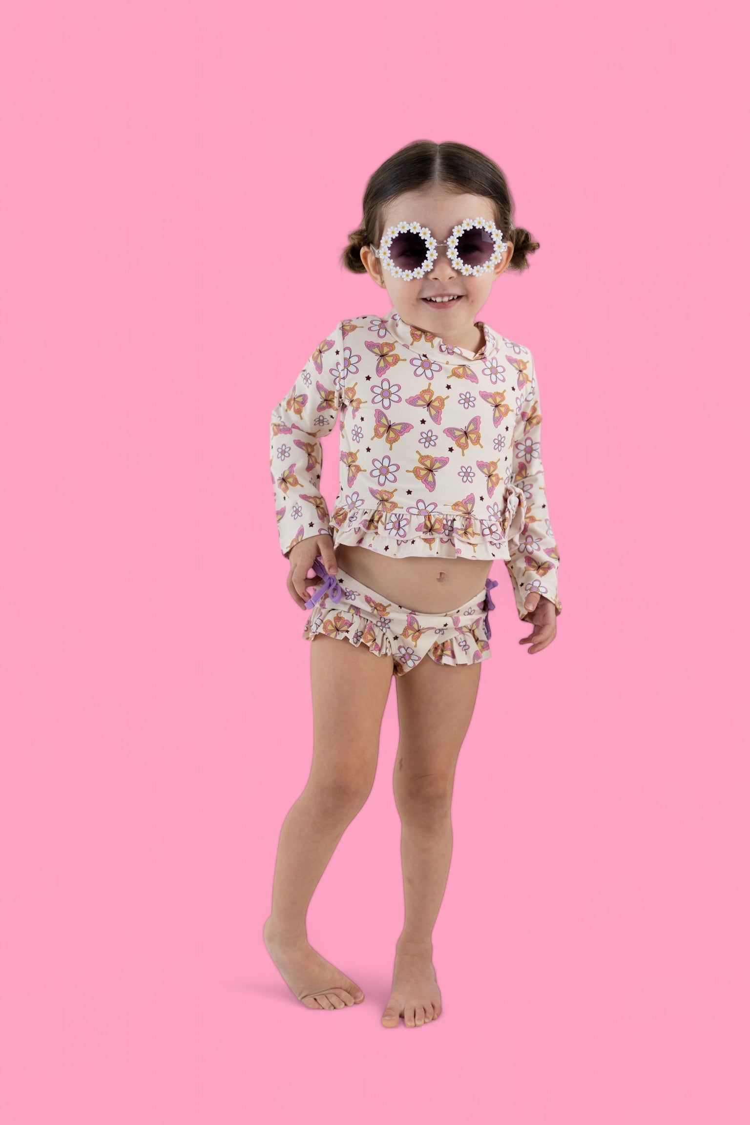 BLOSSOMIN' BUTTERFLY DREAM 2-PIECE RASH GUARD RUFFLE SWIM SUIT