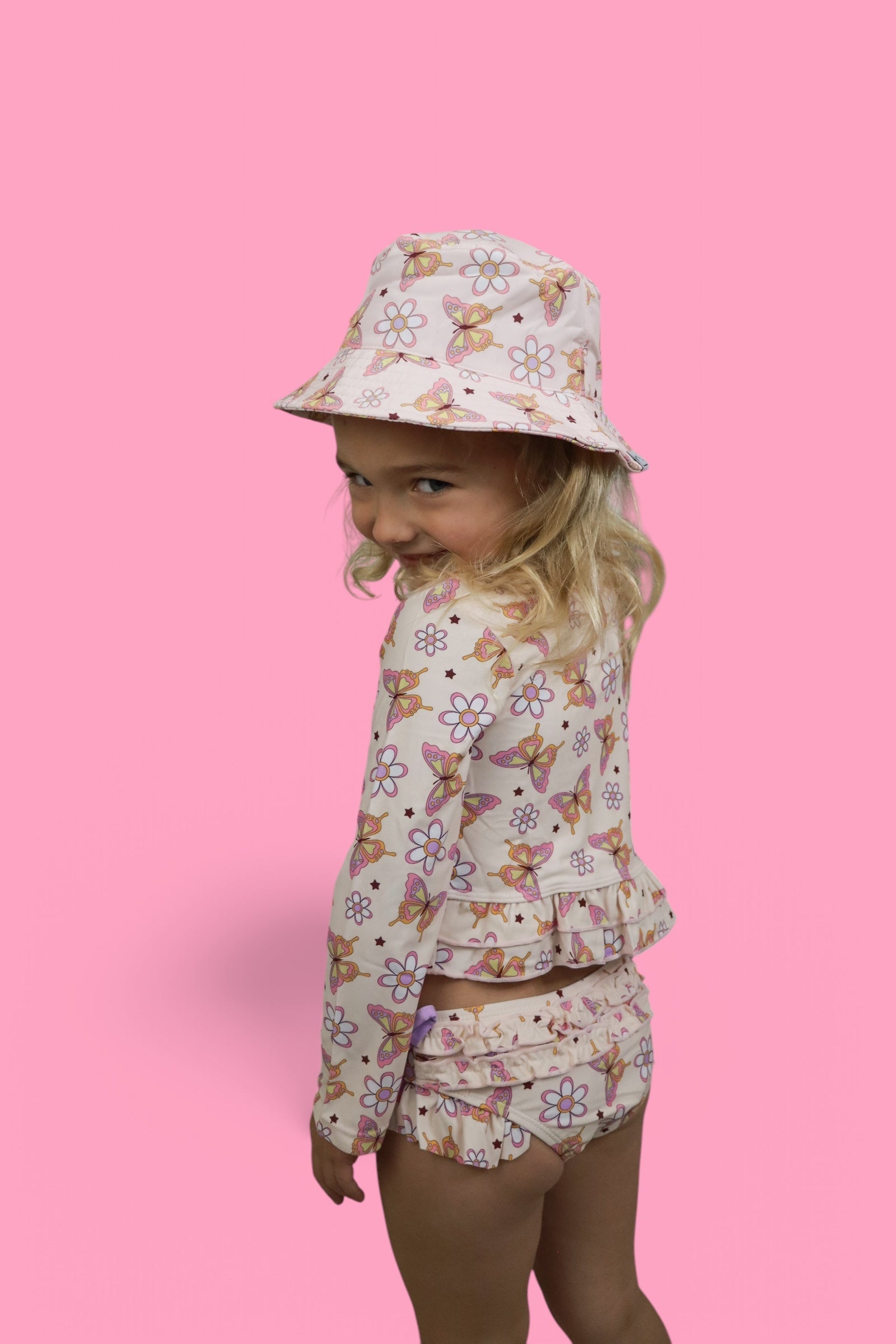 BLOSSOMIN' BUTTERFLY DREAM 2-PIECE RASH GUARD RUFFLE SWIM SUIT