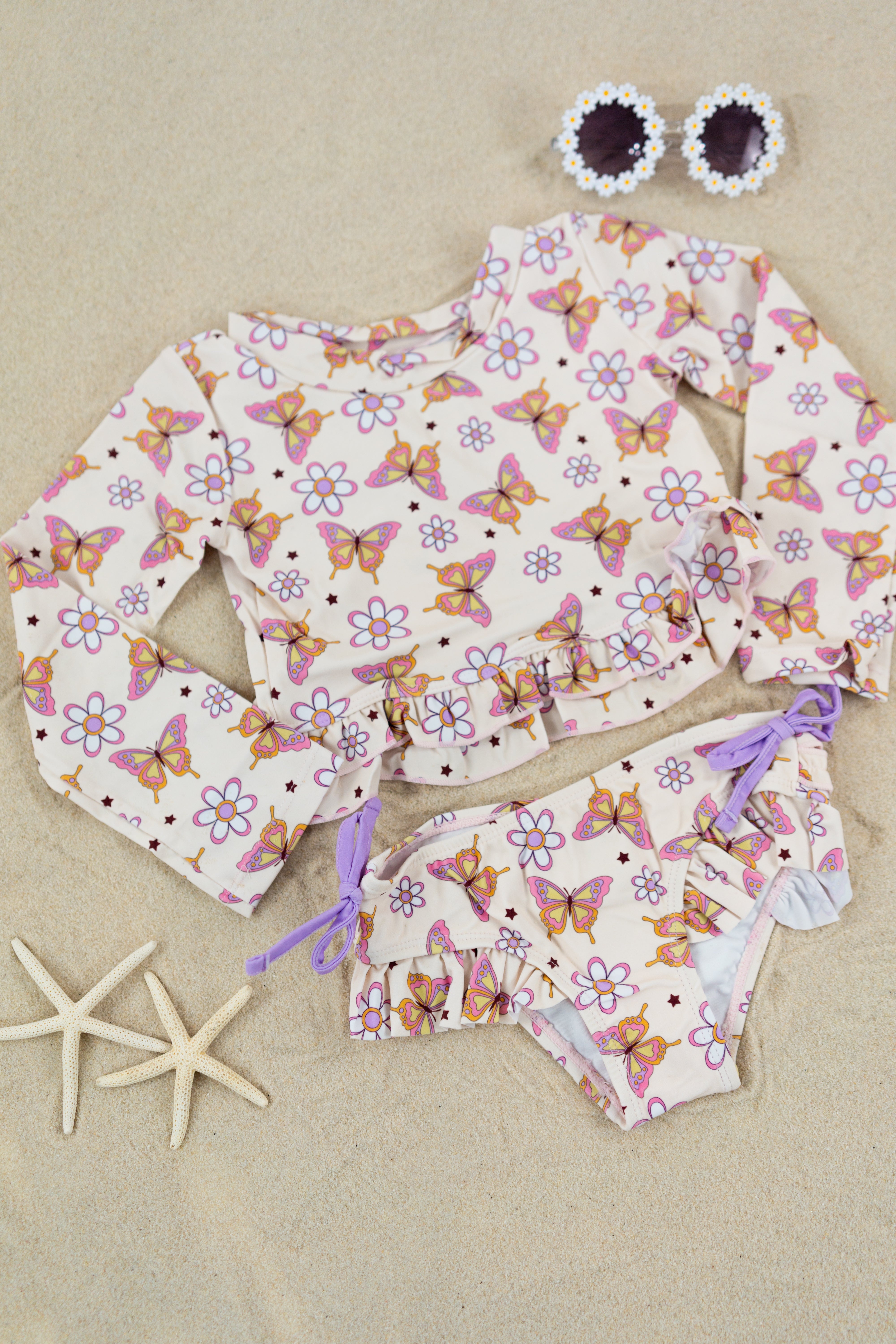 BLOSSOMIN' BUTTERFLY DREAM 2-PIECE RASH GUARD RUFFLE SWIM SUIT