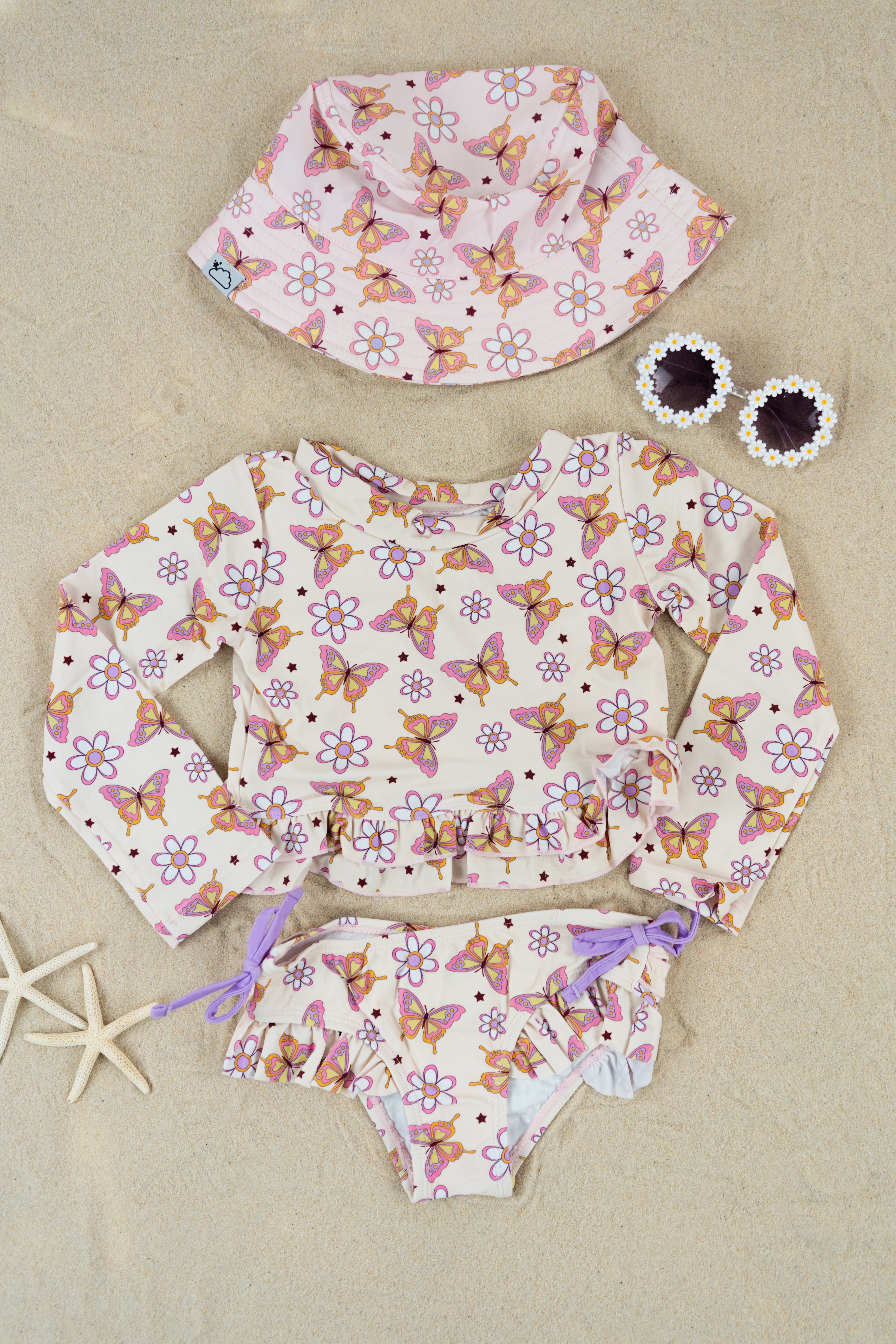 BLOSSOMIN' BUTTERFLY DREAM 2-PIECE RASH GUARD RUFFLE SWIM SUIT