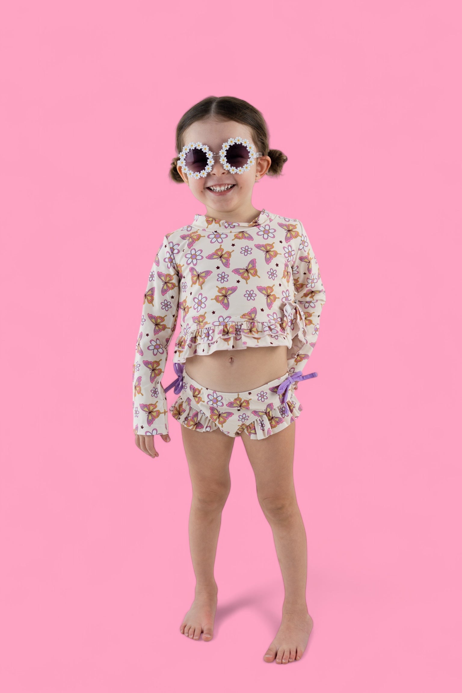 BLOSSOMIN' BUTTERFLY DREAM 2-PIECE RASH GUARD RUFFLE SWIM SUIT
