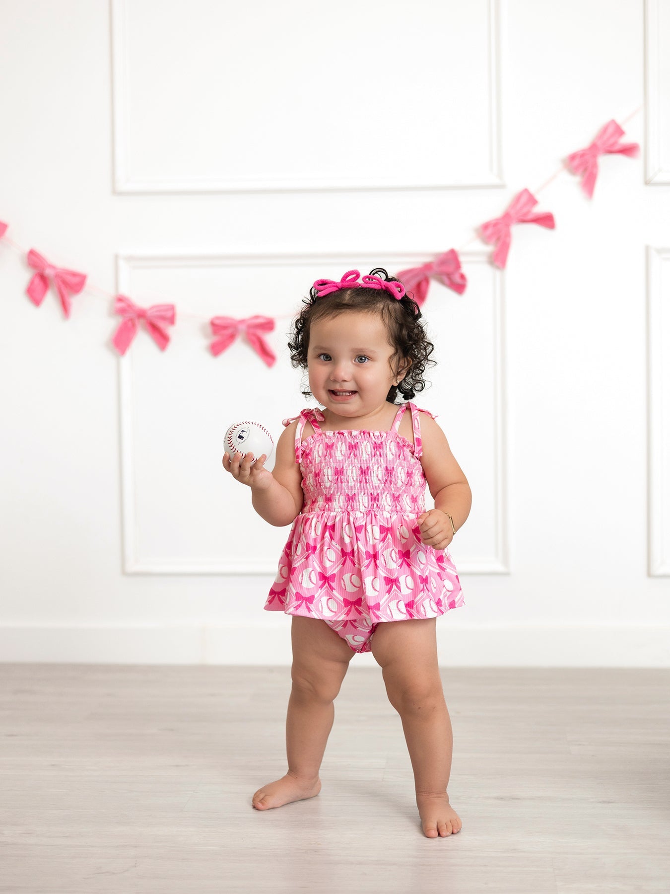 Baby Girl Pink Baseball Bow Print Romper Summer Outfit