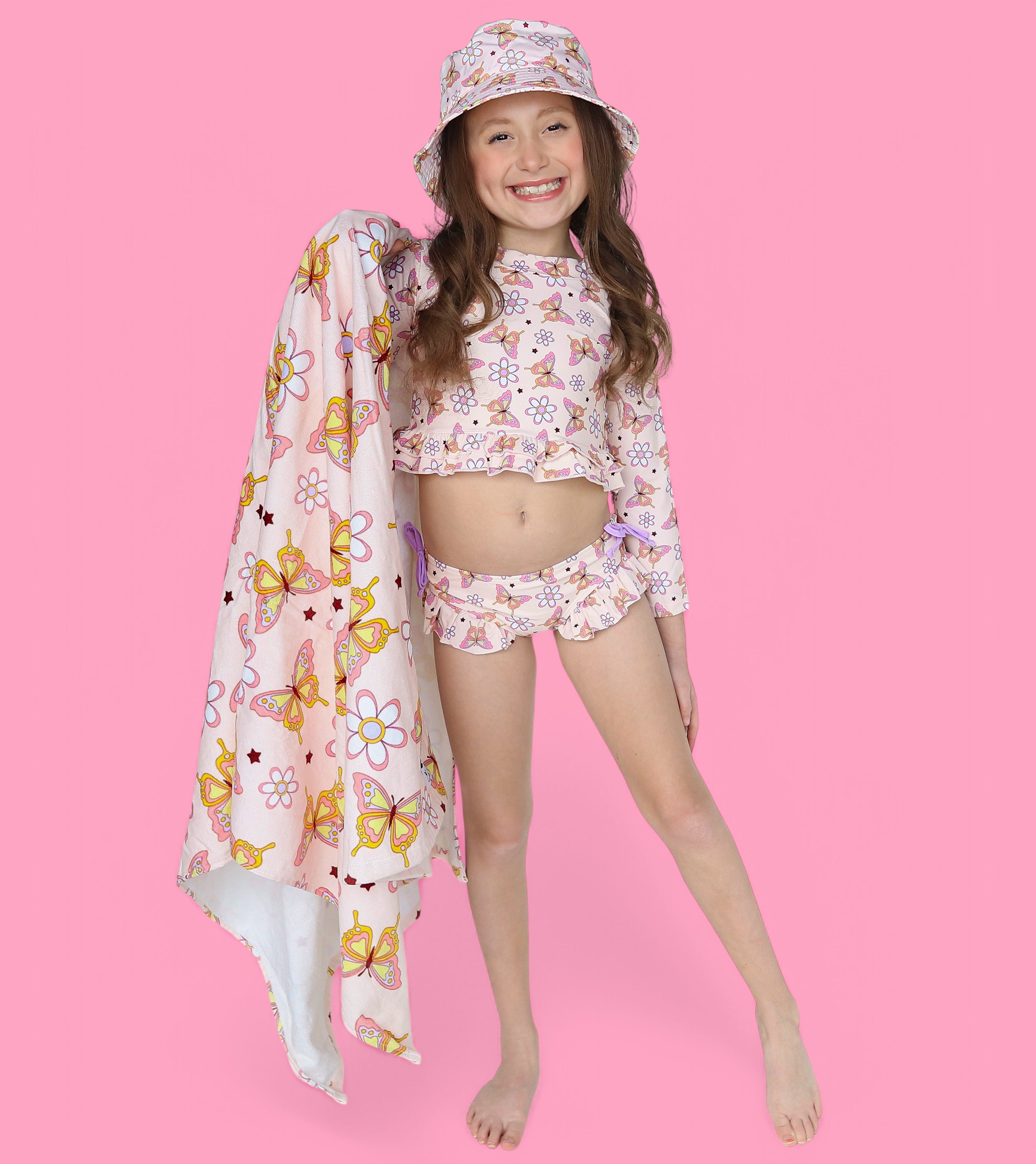 BLOSSOMIN' BUTTERFLY DREAM 2-PIECE RASH GUARD RUFFLE SWIM SUIT