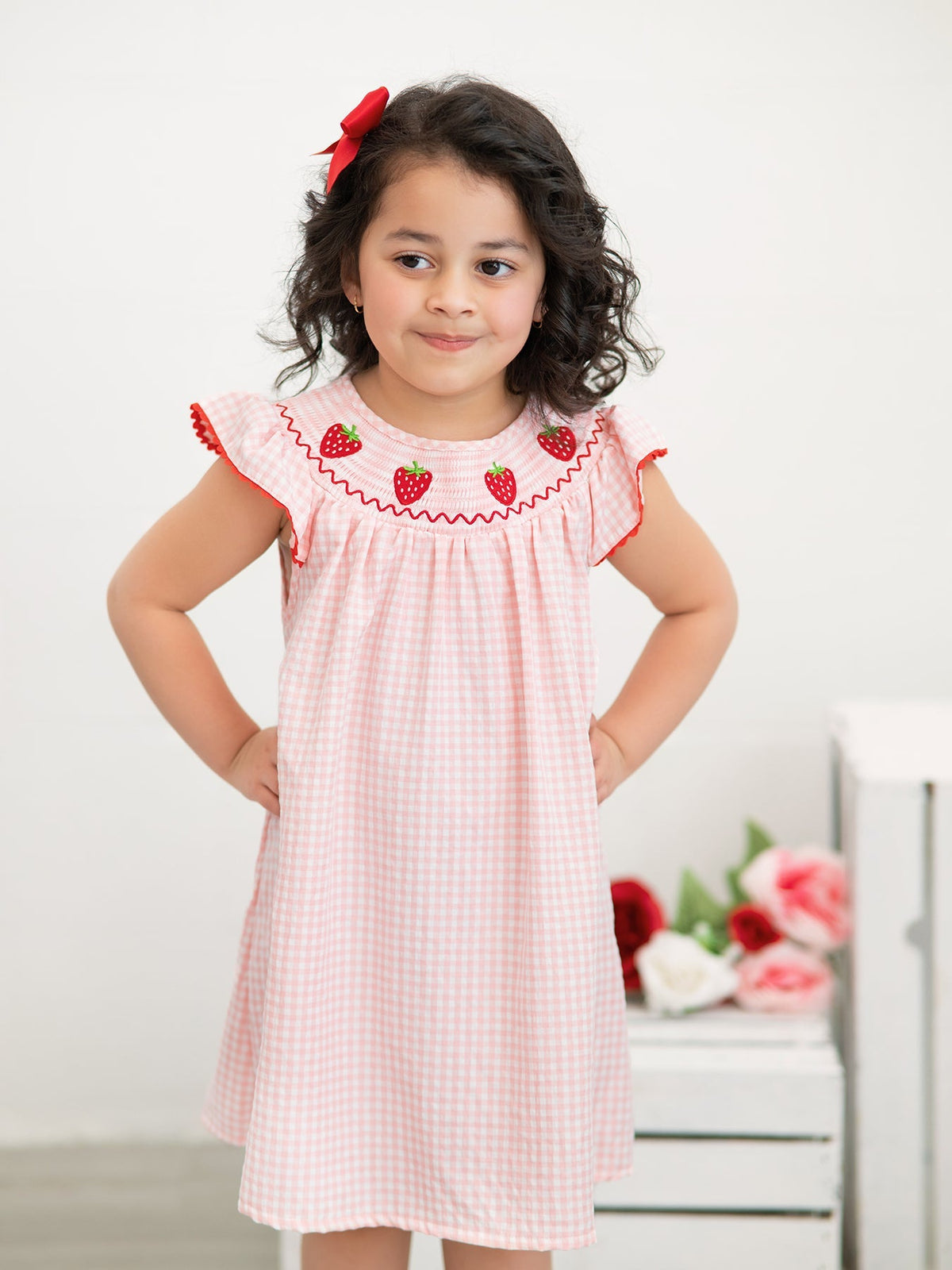 Baby Girls Strawberry Embroidered Plaid Smocked Dress