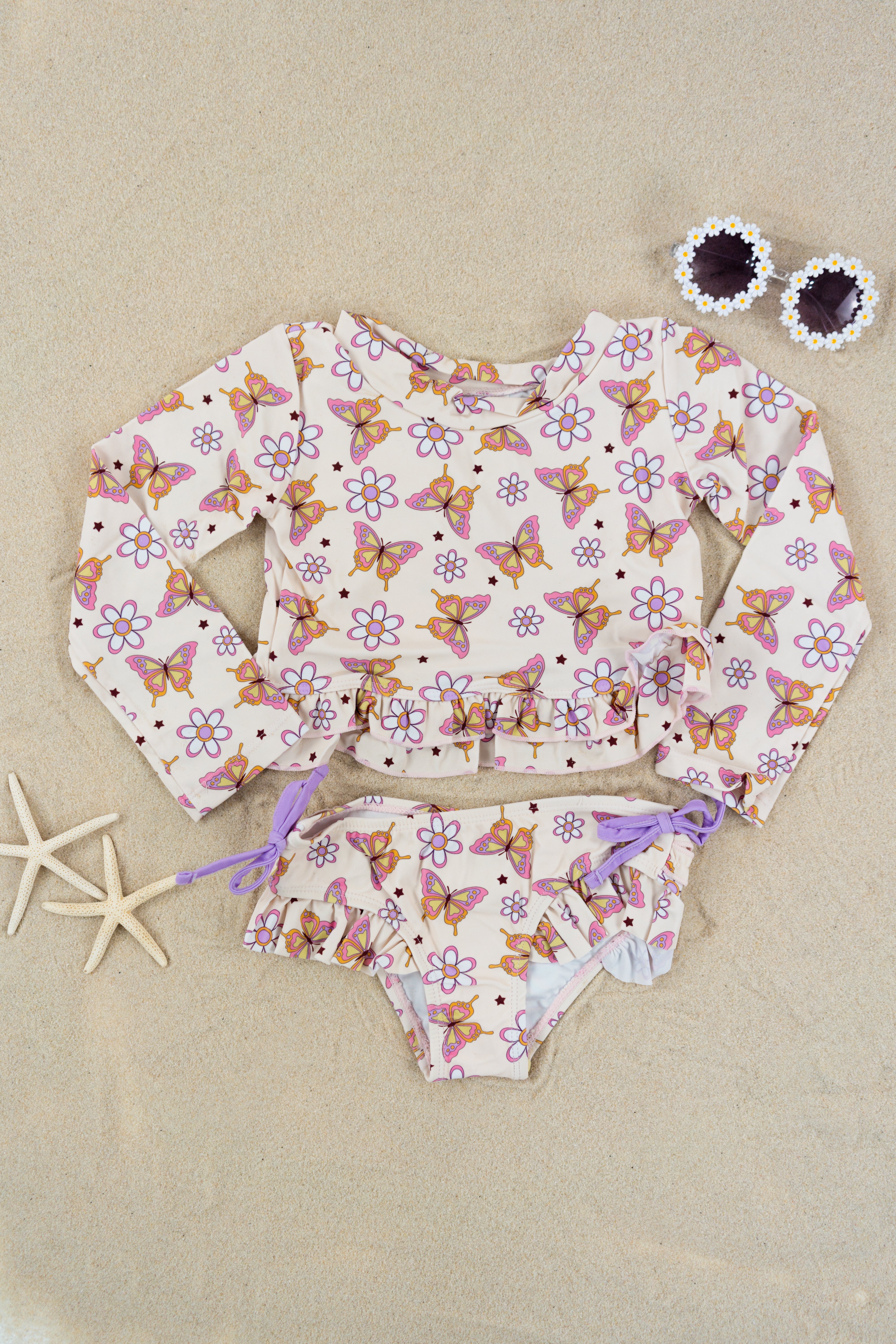 BLOSSOMIN' BUTTERFLY DREAM 2-PIECE RASH GUARD RUFFLE SWIM SUIT