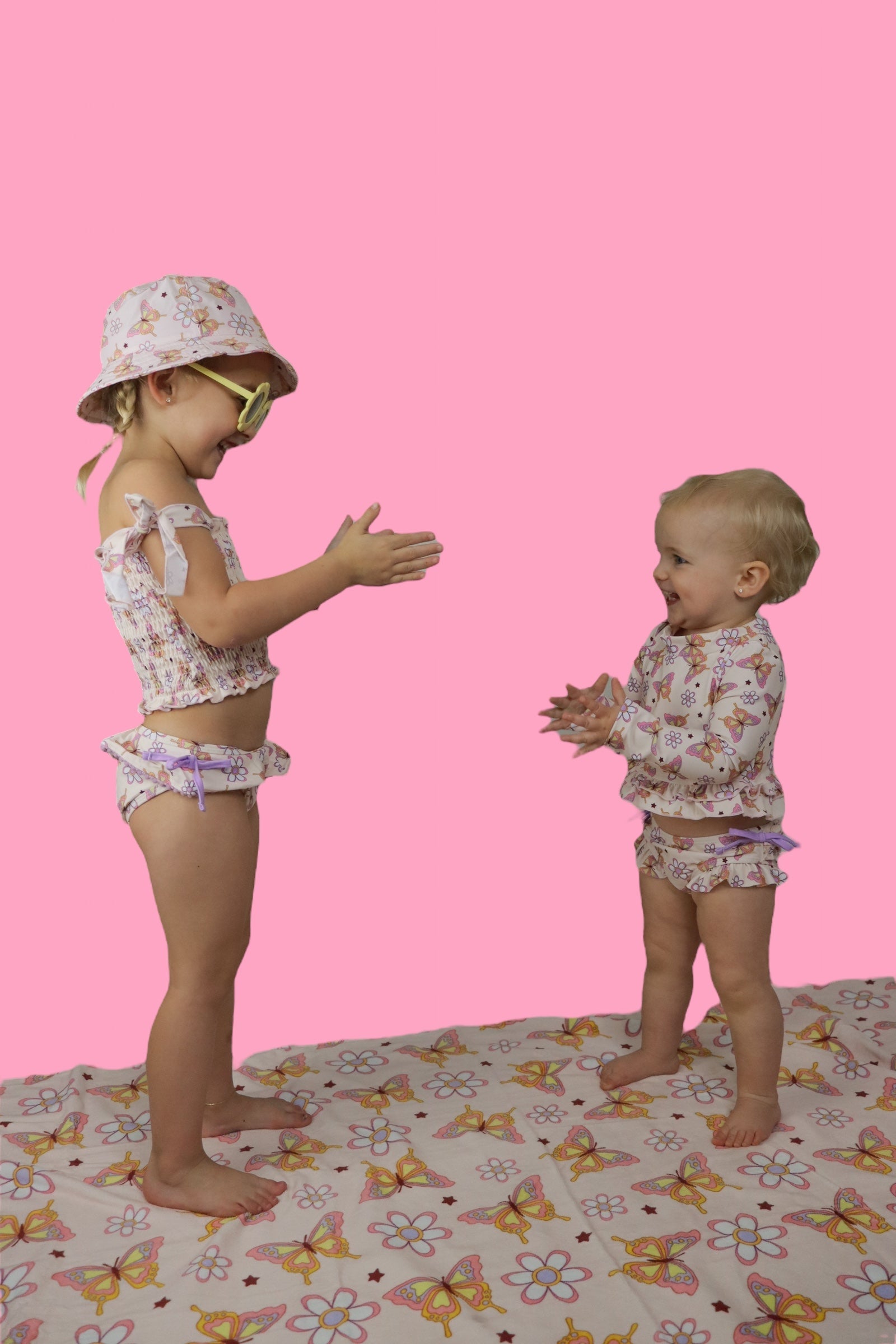 BLOSSOMIN' BUTTERFLY DREAM 2-PIECE RASH GUARD RUFFLE SWIM SUIT