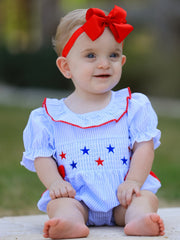 4th of july Girls' Smocking Star Embroidered Romper