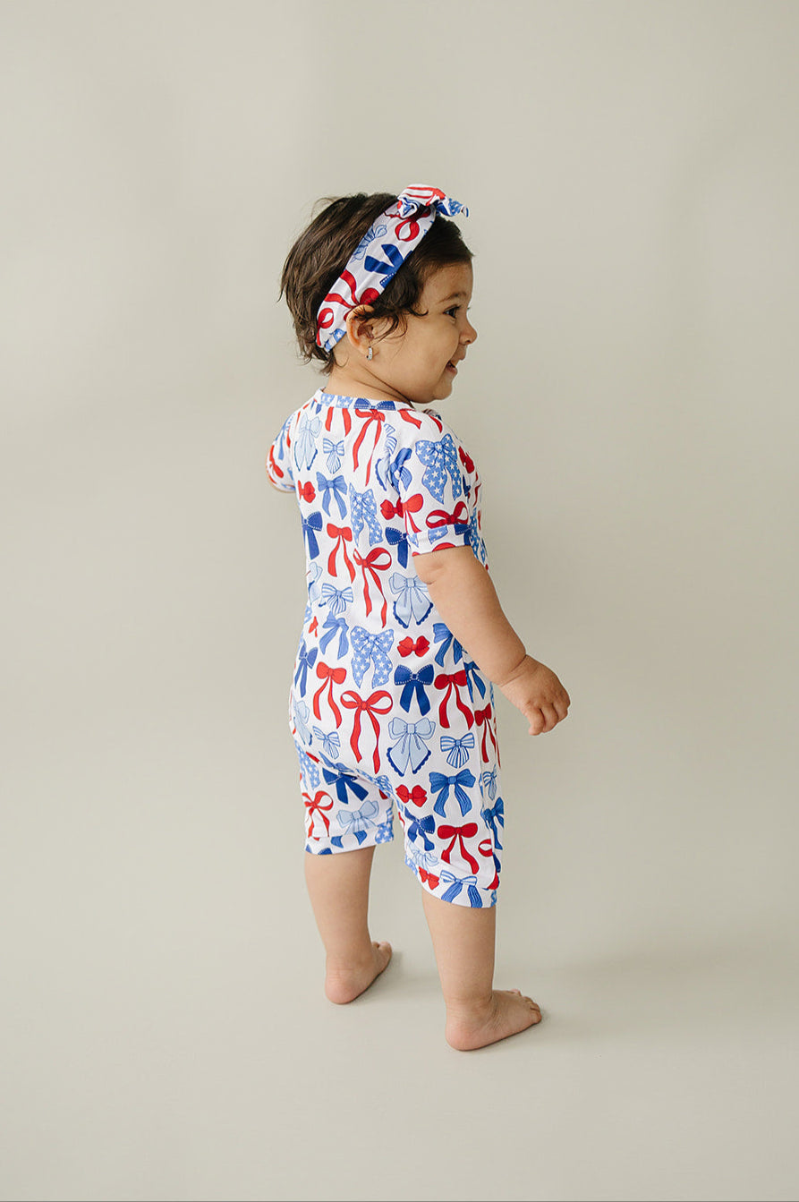 Bamboo Shorty Romper  | Red-White & Bows
