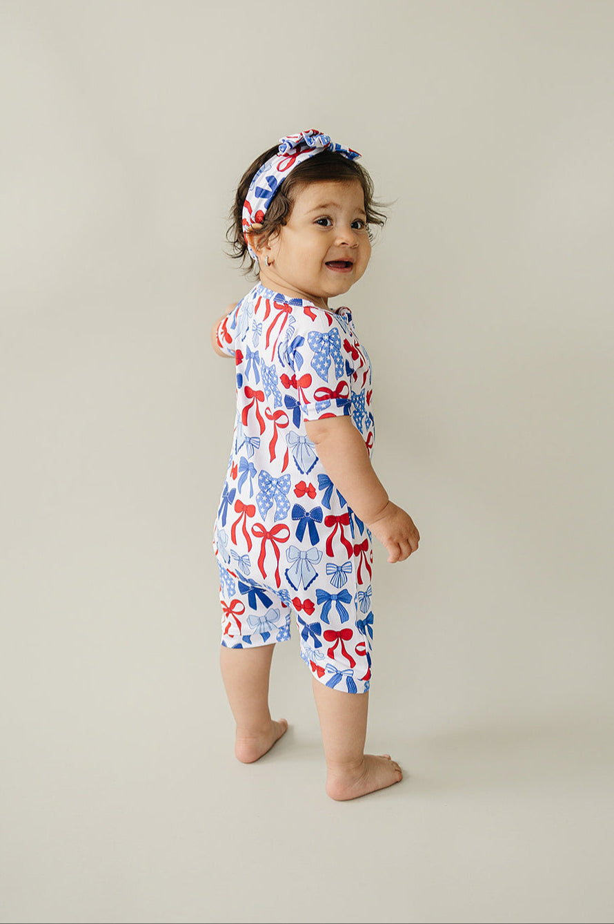 Bamboo Shorty Romper  | Red-White & Bows