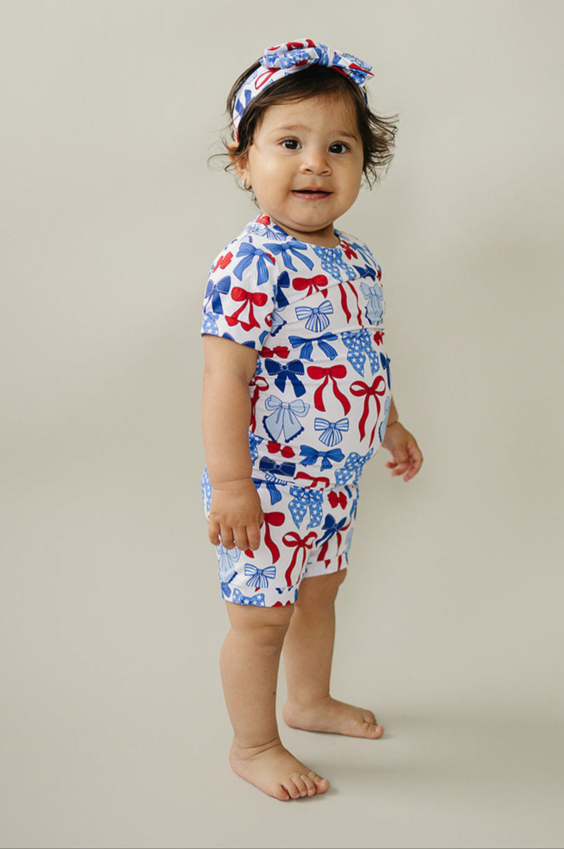 Bamboo Shorts Set | Red-White & Bows